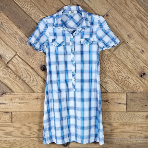 L.E.I. Dresses & Skirts - L.E.I. Shirt Dress Women Junior M Plaid Button Front Short Sleeve Blue White